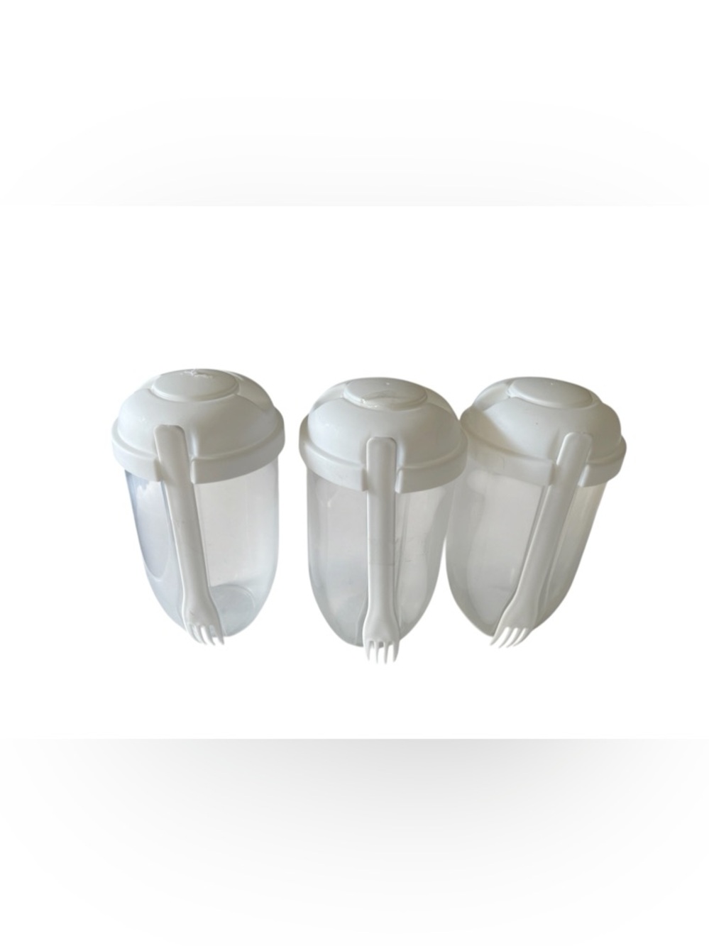 Set of 3 White Plastic Salad Shaker Containers with Built-in Forks. Brand new!